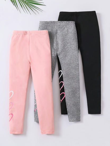 Set of Three Girls' Leggings Featuring a Heart Design, Suitable for Casual Wear in Any Season, for Outdoor