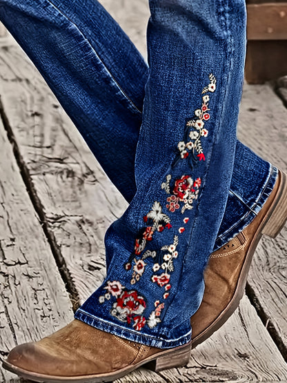 Women's Plus Size Light Blue Solid Denim Jeans - Side Ankle Floral Embroidery Whiskered Flared Legs High-Waisted Medium Stretch - Elegant Comfort Date Night Outing Plus Size Denim