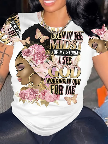 Plus Size - Plus Size, Women'S Faith-Inspired Christian T-Shirt with "Even in the Midst of My Storms I See God Working It Out for Me" Bible Verse - Soft Breathable Round Neck Short Sleeve Casual Top, Inspirational Letter Print & Floral Design for Sp