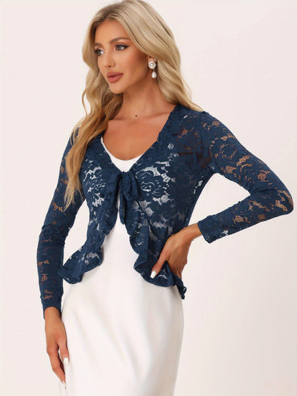 Women's Sheer Crop Bolero Cardigan - Semi-Sheer Lace Shrug with Ruffled Hem & Tie-Front Closure, Blouse for Sleeveless Dresses/Tank Tops (Machine Washable, Spring/Summer Wedding/Office/Cardigan) - 90% Nylon/10% Spandex