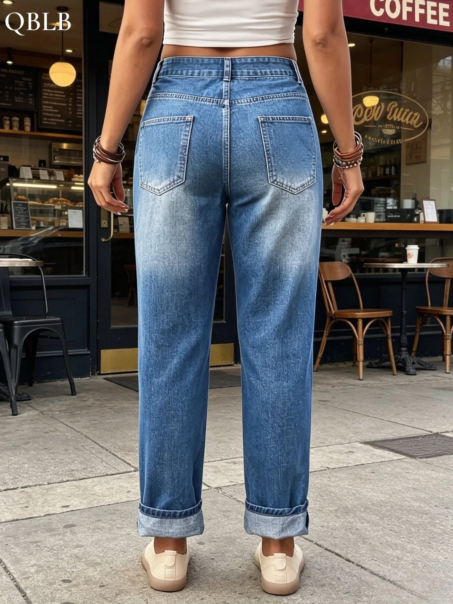 Women' Mid-Waist Slim-Fit Rolled-Up Straight- Jeans - Washed with print & rolled ankle, Machine-Washable All- Pants Suitable for Work, Casual, Weekend & for home Outfits