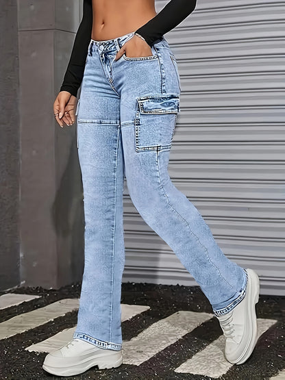 Women's Light Blue Slim-Fit Stretch Denim Jeans - Casual All-Season Machine Washable Pants with Pockets, Solid Color & Non-See-Through Fabric, Pocketed Trousers, Medium Elasticity