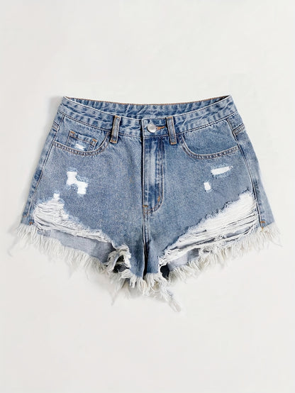 Women's Stylish Blue Denim Shorts with Ripped Detail And Frayed Hem - Mid-Thigh Streetwear for Spring/Summer, Machine Washable, Medium Stretch Fabric, Spring Fashion | Trendy Summer Apparel | Raw Edge Styling, Jean Shorts