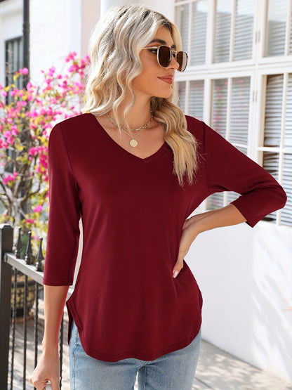 Elegant Casual Solid Color Basic Top with 3/4 Sleeves And a V-Neck for Women, Perfect for Summer