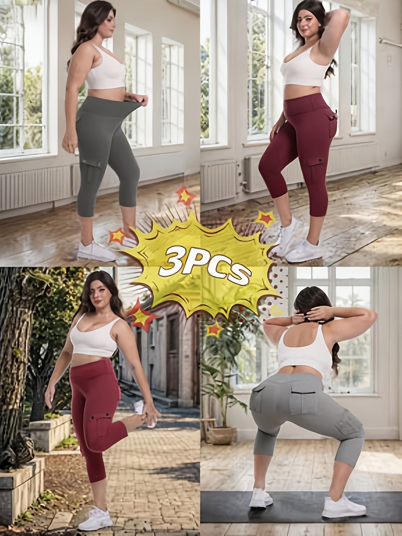 3-Pack High Waisted Cargo Yoga Pants With Slide Pockets - Tummy Control, 4 Pockets, Breathable 4-Way Stretch, Moisture Wicking, Perfect For Running, Gym & Yoga Lovers