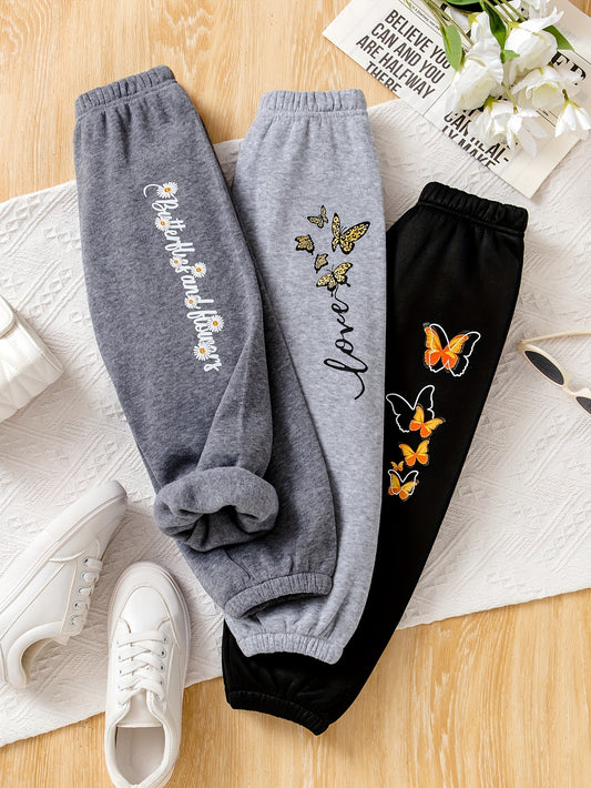 Girls' 3pcs Set -Lined Thickened Cute Butterfly Print Trousers, Comfortable Warm Long Pants for Daily Casual Wear, Perfect for Outdoor