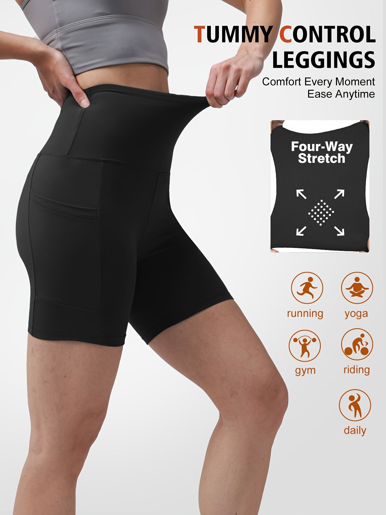 1pc Women's High-Waisted Yoga Shorts with Tummy Control & Pockets - Breathable Workout Gym Shorts, Tight-Fitting Low-Rise Athletic Pants for Summer, Gymnastics, Training (Black/Grey/Navy/Pink/ Brown) - Non-See-Through Quick-Dry