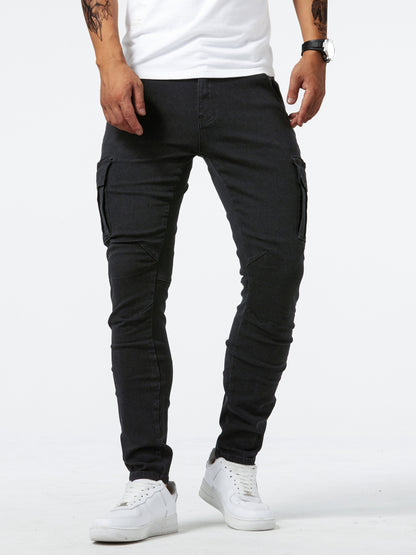 Slim Fit Multi Pocket Jeans, Men's Casual Street Style High Stretch Denim Pants for All Seasons Outdoor