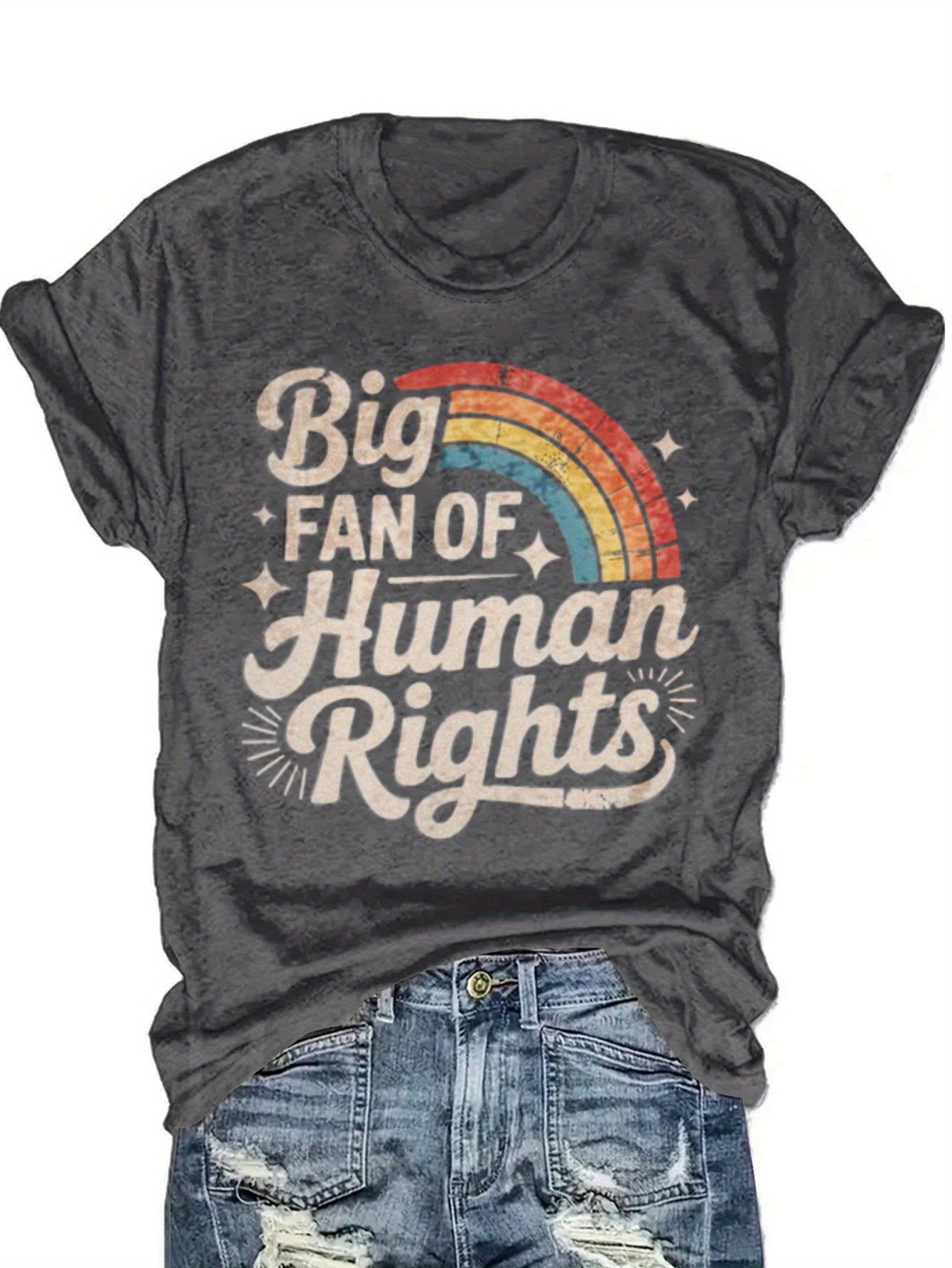 Women'S Short Sleeve T-Shirt, Christmas Women'S Clothing, Thanksgiving, Christmas Gift- Blend Human Rights Fan T-Shirt with Rainbow Pride Design Retro Font Statement T-Shirt, Suitable for Unisex Street Fashion Trend Graphic Top