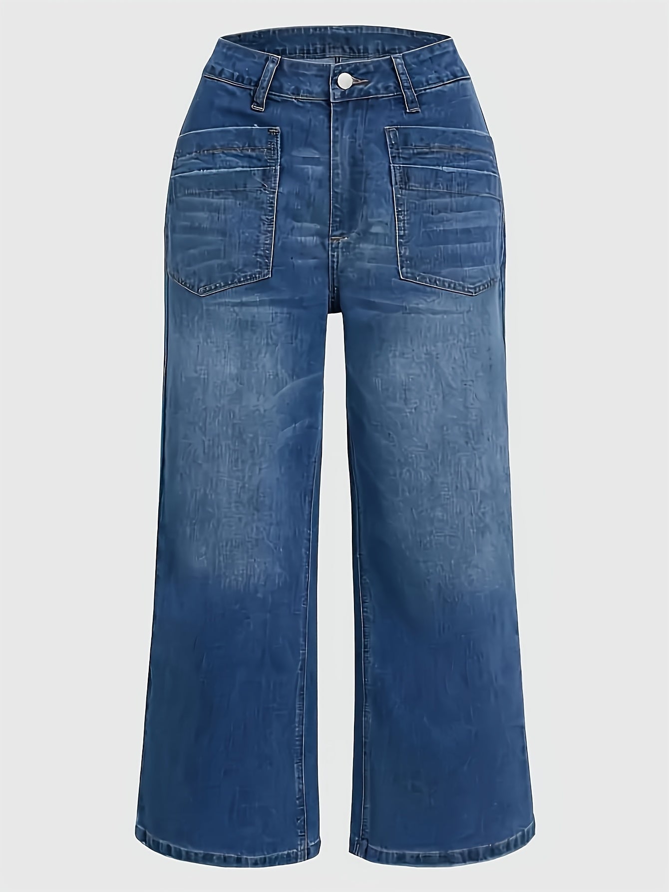 1pc Blue Women'S Plus Size Loose Fit, Versatile Multi-Pocket Washed Denim Wide-Leg Stretch Denim Jeans