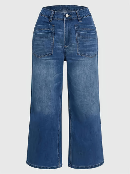1pc Blue Women'S Plus Size Loose Fit, Versatile Multi-Pocket Washed Denim Wide-Leg Stretch Denim Jeans