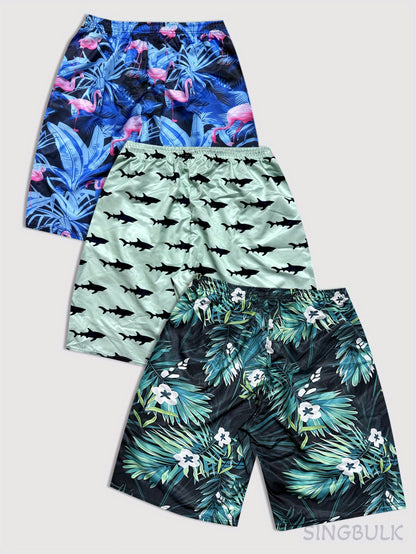 3pcs Men's Tropical Print Swim Shorts - Hawaiian Beachwear with Vibrant Floral & Shark Patterns, Quick-Dry Lightweight Fabric, Drawstring Waist for Summer Vacation & Casual Outings, Summer Casual Wear | Vibrant Beachwear | Adjustable Comfort