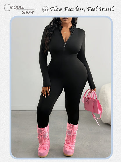 Plus Size, Plus Size Spring/Summer Women's Solid Color Jumpsuit, Front Half Zipper Design, Waist Cinched, Slim Fit, Flatter The Figure Fall, S & Simple Casual, Suitable for Cycling,, And Other.