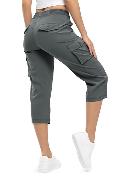 3pcs Women'S Fashionable Cargo Capri Pants for Summer, with Elastic Waistband And Pockets - Casual Sports Capri Pants, Breathable Blend