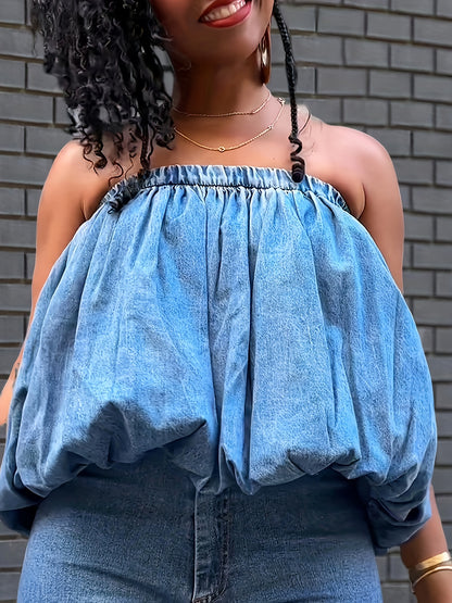 Women's Summer Denim Tube Top with Elastic Band & Balloon Hem - Ruffled Short Sleeveless Shirt, Breathable Non-Stretch Fabric, Hand Wash Only, Casual Chic Outfit Essential, Denim Top Ladies, Stylish Poolside Attire, Soft Texture Fabric