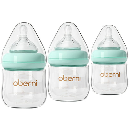 Oberni Anti-Colic 4Oz/120Ml Bpa-Free Glass Baby Bottles, Suitable for Infants 0 Months And Older, Featuring a Slow Flow Nipple That Mimics Breastfeeding, Crafted for an Easy Switch Between Bottle And Breast, Available in Blue, Green, And Pink