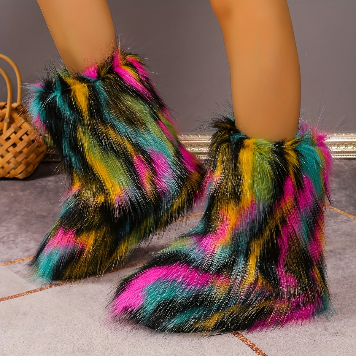[Fuzzy Ankle Boots] Women's Rainbow Fuzzy Ankle Boots - European And American Fashion Women's New Winter Outdoor Warm Footwear, Foot Protection in Cold Weather, Furry Boots for Women, Local Warehouse Items for Women, Women Shoes