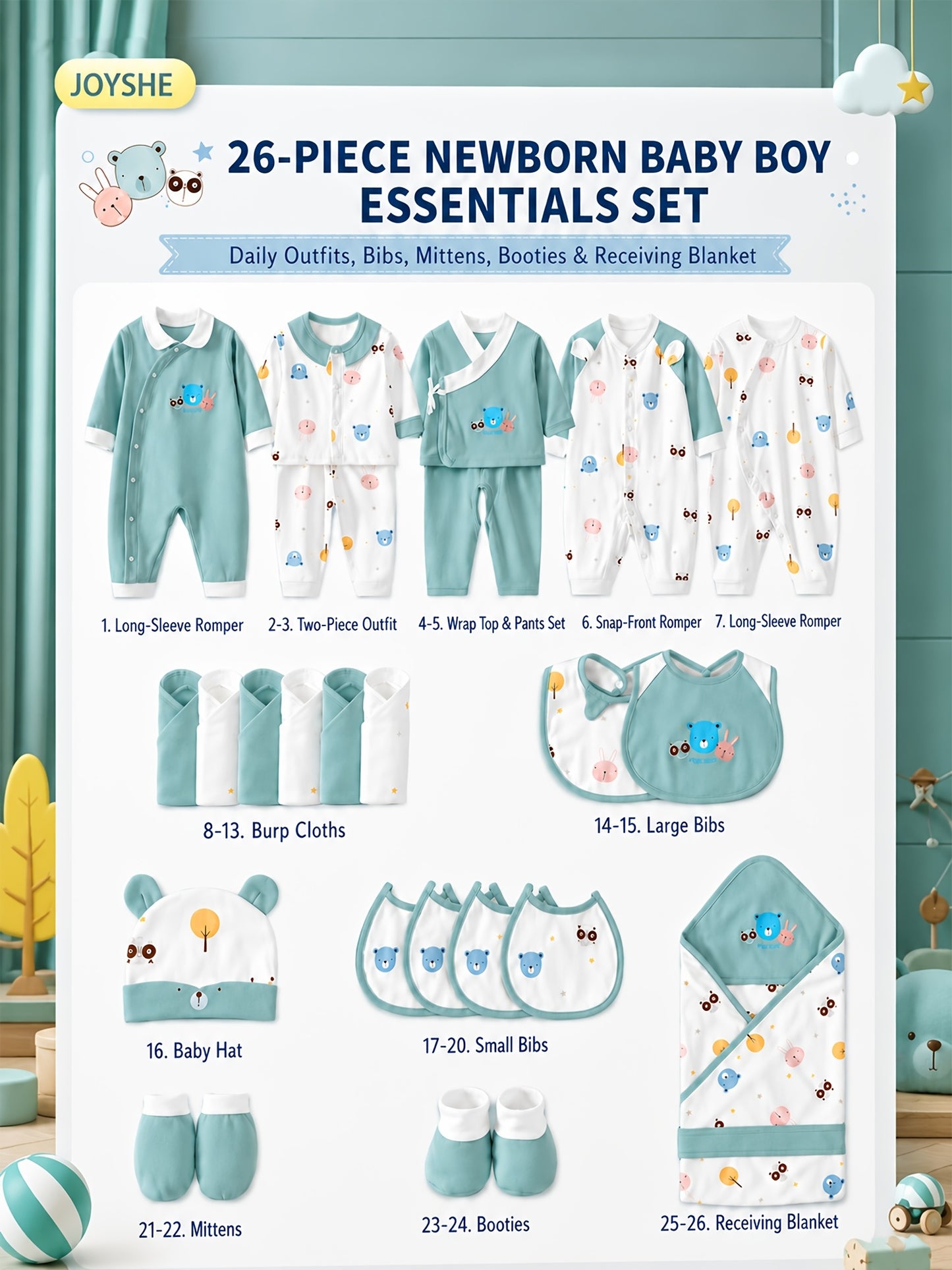 Baby Boy Clothes + Baby Items, Newborn Daily Necessities Complete Set, 0-3 Months, Total 26pcs, 5 Sets Of Clothes + Hat + Bib + Hand And Foot Covers + Bibs, Baby Full Moon Spring Long Sleeve Set, Baby Romper, Local Warehouse, Baby Shower Gifts