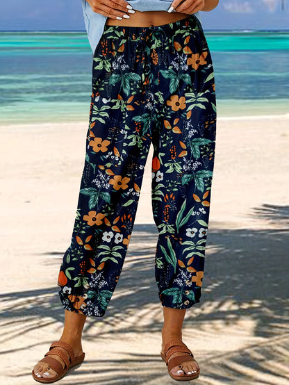 FOEIERAA 3pcs Women's High Waist Jogger Pants, Elastic Waist Retro Print, Loose Comfortable Casual Trousers for Outdoor Commute