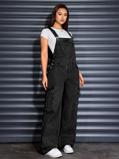 Women'S Denim Wide-Leg Cargo Jumpsuit with a Loose Fit, Baggy Design, And Adjustable Straps