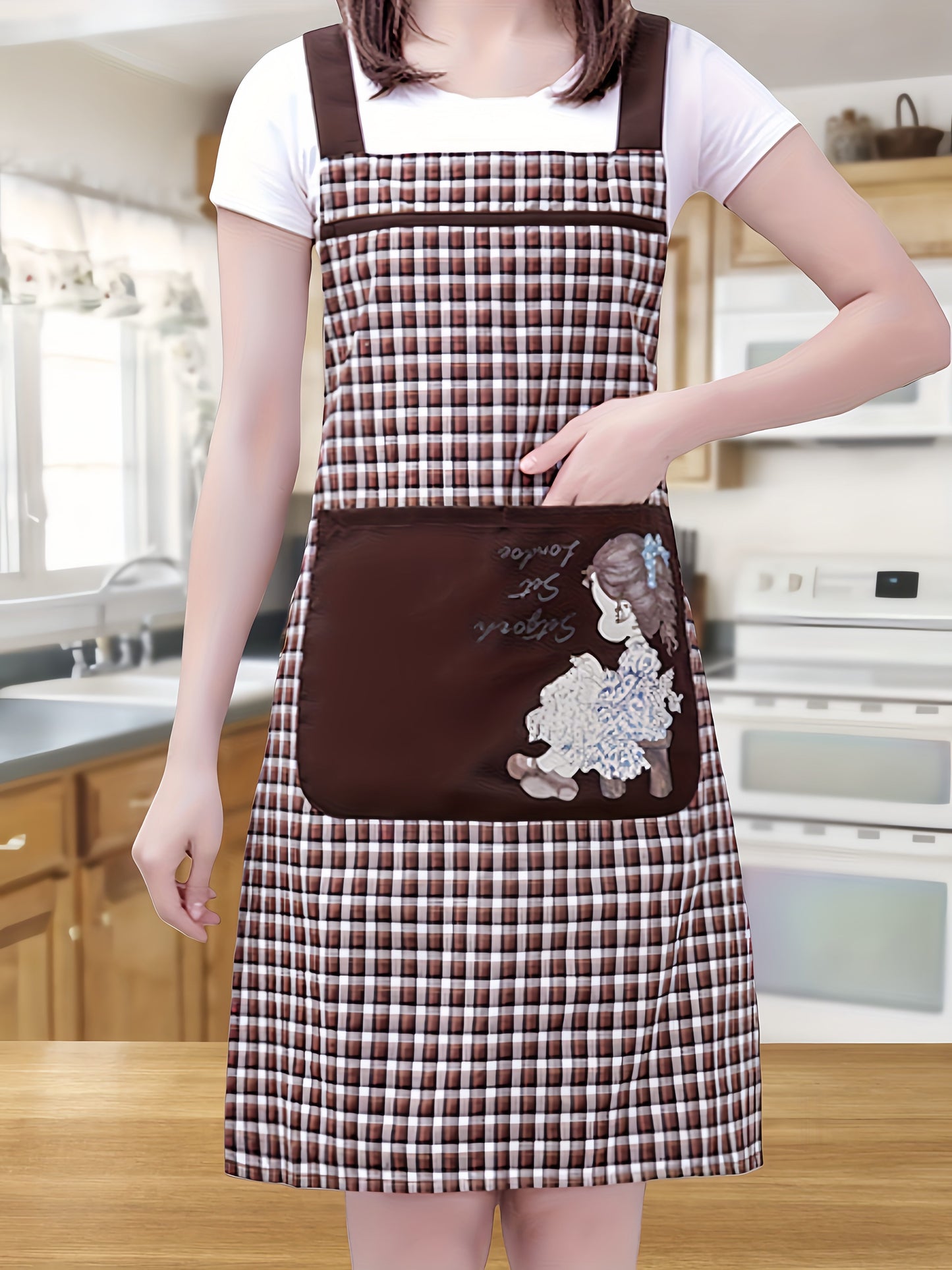 Stylish Unisex Plaid & Floral Portrait Print Apron - Red & Black Mix, Machine Washable with Front Pockets, Sleeveless Design for Kitchen, Home, or Flower Shop Use, Cute Apron, Kitchen Wear, Elegant Kitchenwear, Practical Kitchen Item