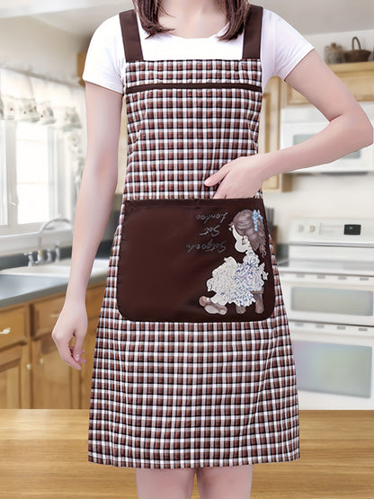 Stylish Unisex Plaid & Floral Portrait Print Apron - Red & Black Mix, Machine Washable with Front Pockets, Sleeveless Design for Kitchen, Home, or Flower Shop Use, Cute Apron, Kitchen Wear, Elegant Kitchenwear, Practical Kitchen Item