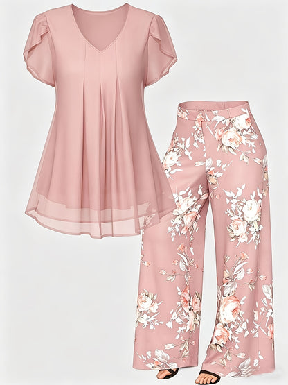 Plus Size - New Women'S Solid Color Top And Printed Pants Chiffon Fashion Style Set Top And Pants Two Piece Set