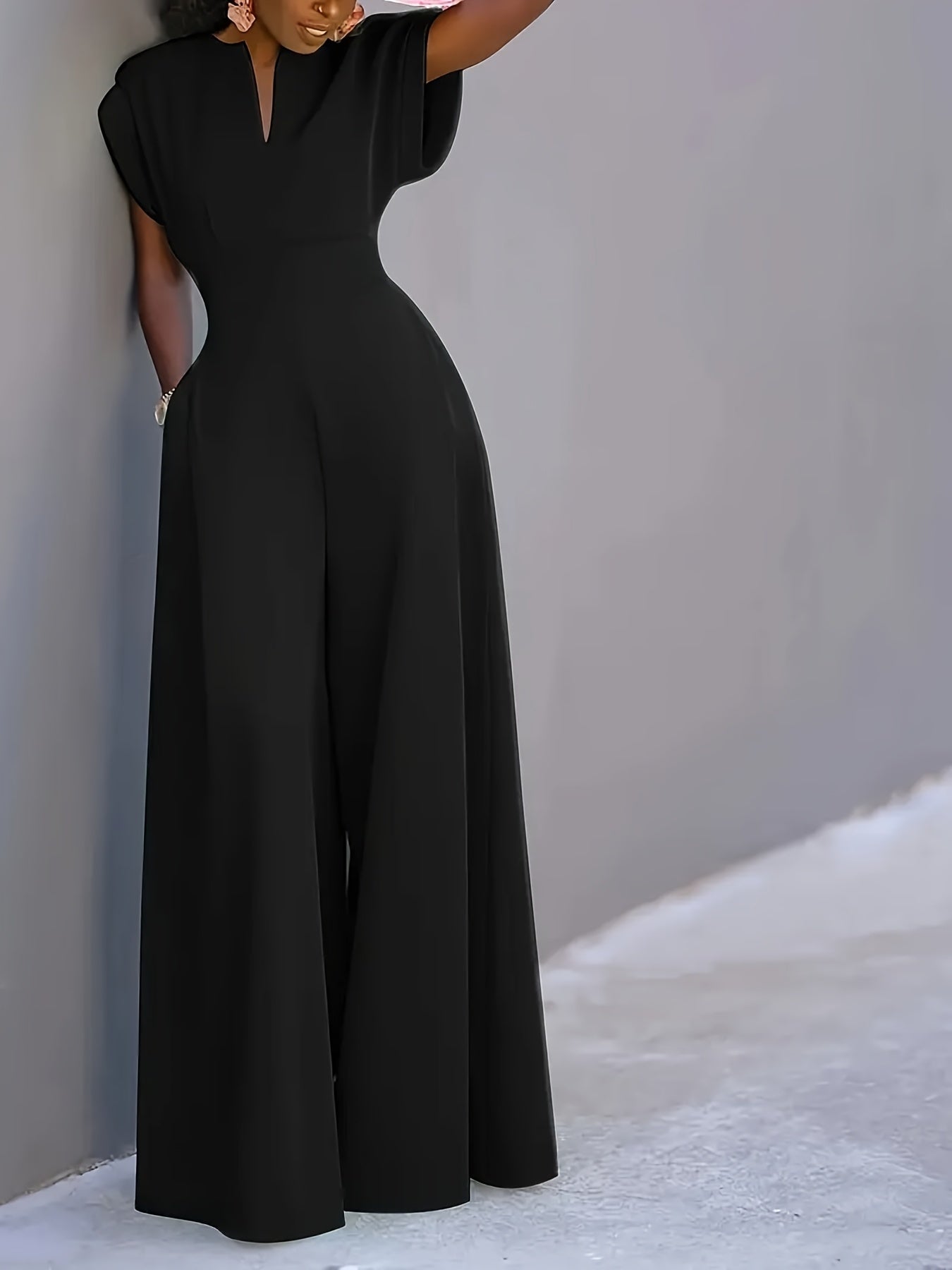 Women'S One-Piece Home Clothes, Solid Color Short-Sleeved V-Neck Wide-Leg Jumpsuit, Women'S Elegant Waist Pants, High-End Fashion Slim-Fitting Wide-Leg Pants with Pockets