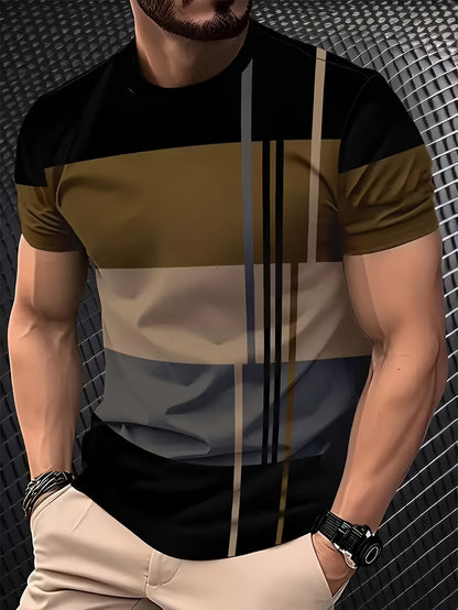3pcs Men'S Breathable Summer T-Shirt Set - Featuring 3D Digital Patterns with Contrasting Stripes, Regular Fit with Slight Stretch for Fitness And Casual Outdoor Wear, Cute Tops, Stylish Sportswear, Machine Washable, Suitable for Various Occasions