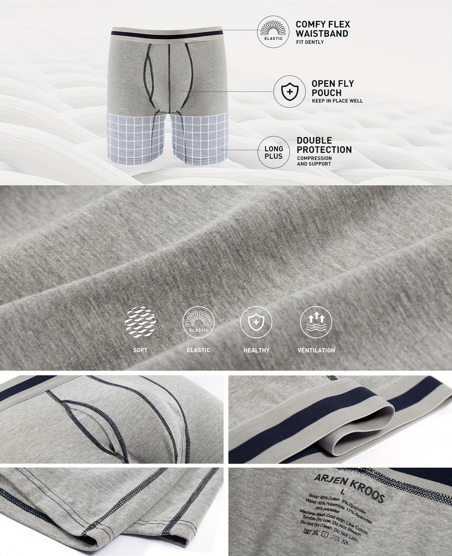 4pcs Men's Long Leg Cotton Underwear Total Support Pouch Boxer Briefs with Open Fly Pouch, Men's Cycling Sports Wear Bottoms, Moisture Wicking & Breathable Slimming Shapewear Body Shape for Men