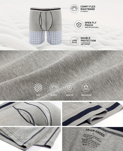 4pcs Men's Long Leg Cotton Underwear Total Support Pouch Boxer Briefs with Open Fly Pouch, Men's Cycling Sports Wear Bottoms, Moisture Wicking & Breathable Slimming Shapewear Body Shape for Men