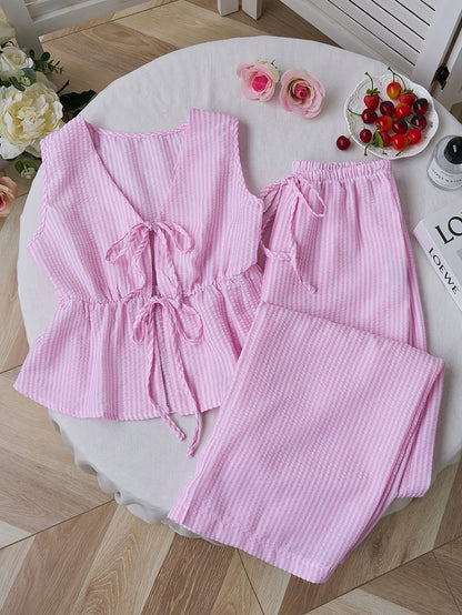 2pcs Women's Summer Tie Front Waist Cinched Sleeveless Top + Wide Leg Pants Set | Minimalist Plaid Design, Ideal for Daily Outings Commuting Dates and Multi-Scene Wear