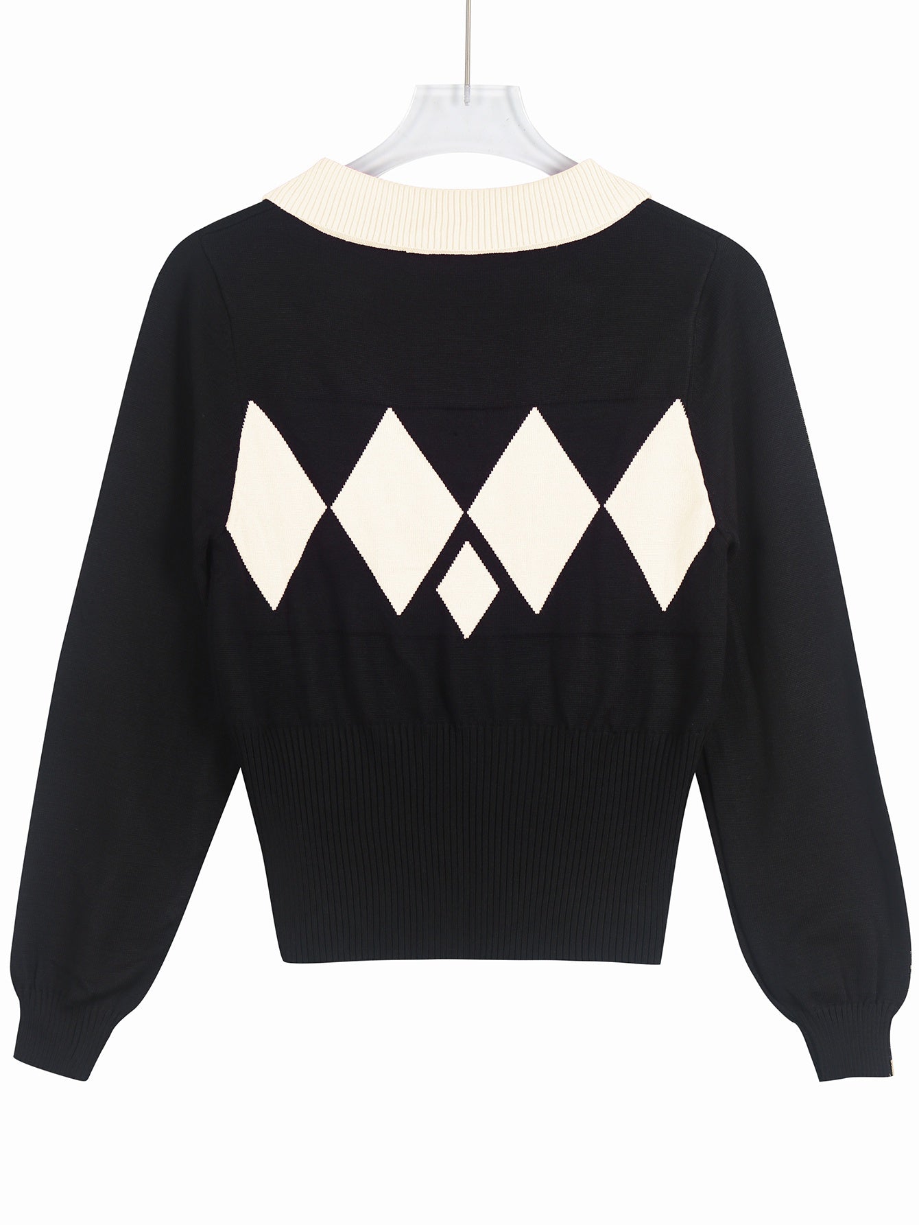 Women'S Elegant Sweater Lapel Diamond Plaid Knitwear Black And White Color Collision Long Sleeve Pullover Fashion Chic Lazy Wind Tops For Office, Party, Daily Wear - Fall And Winter Women'S Trend Tops
