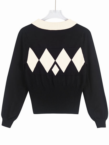 Women'S Elegant Sweater Lapel Diamond Plaid Knitwear Black And White Color Collision Long Sleeve Pullover Fashion Chic Lazy Wind Tops For Office, Party, Daily Wear - Fall And Winter Women'S Trend Tops