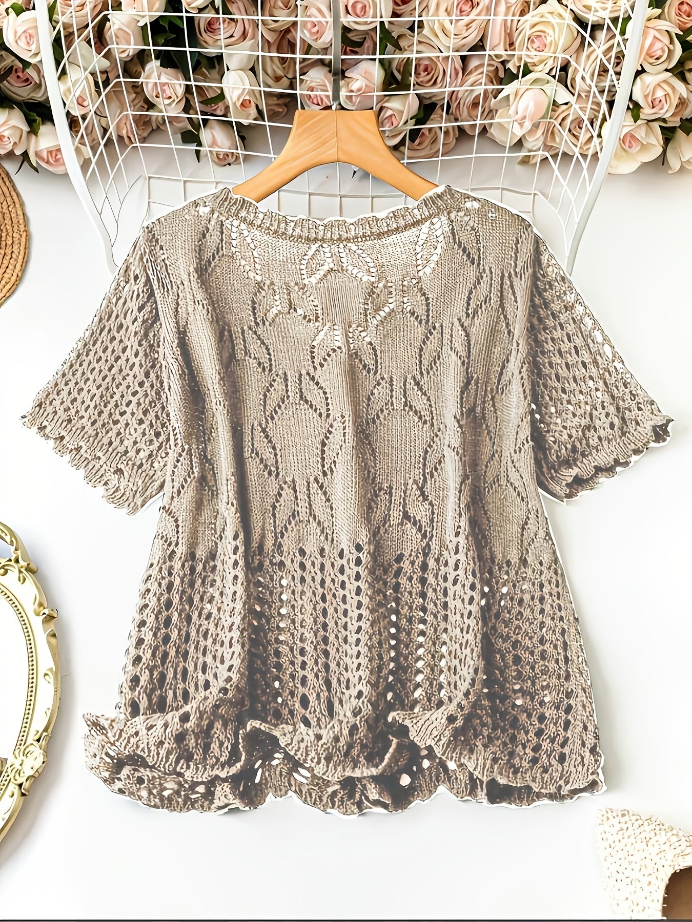 Plus Size - Large Size Women'S Casual Cardigan Light And Thin Short Sleeved Pearl Button, Semi Transparent, Round Neck All Season Versatile Layered Top