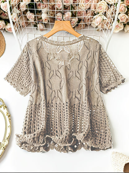 Plus Size - Large Size Women'S Casual Cardigan Light And Thin Short Sleeved Pearl Button, Semi Transparent, Round Neck All Season Versatile Layered Top