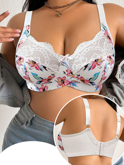 Women Deep V U-Back Bra, Floral Print Lace Spliced, Wire-Free Non-Padded Thin Breathable Intimates, Daily Lingerie For Spring Summer