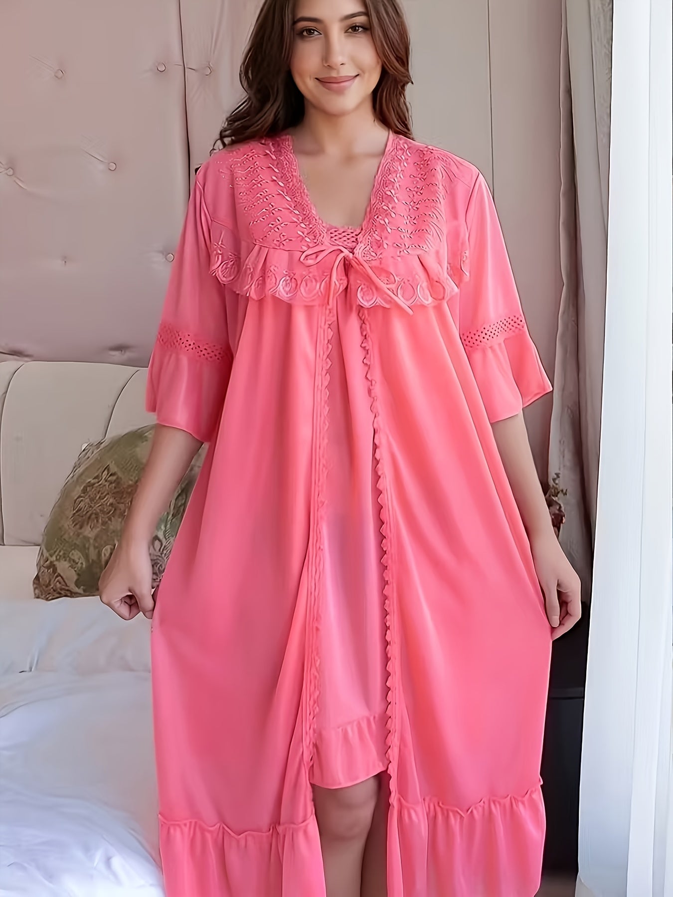 [Valentine's Day Christmas] Long Lace Robe Two-Piece Set y Satin Fabric Kimono Style Home Wear Ruffle And Delicate Lace Trim The Fit Is Flowing And Elegant Ideal for Daily Use Or As A Fantastic Gift Choice for Valentine's Day And Christmas