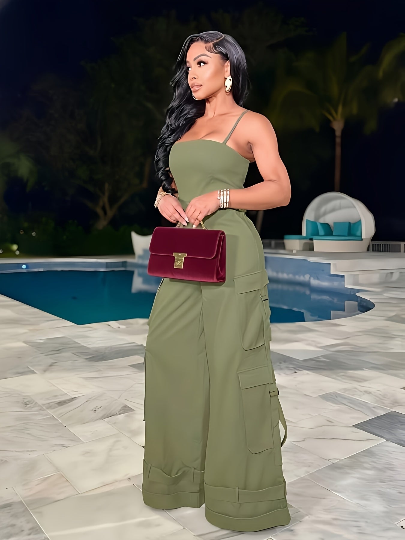 Teenager'S Jumpsuit - Teenager'S Long Wide-leg Utility Jumpsuit, High-waist With Multiple Pockets, Casual Summer Clothing, Street Fashion Camisole Backless Long Jumpsuit, for Outdoor, For Teenager