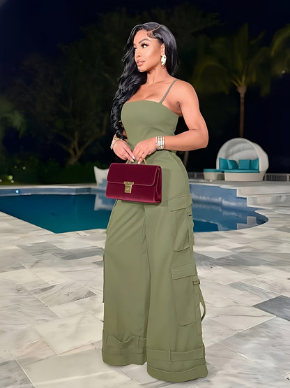 Teenager'S Jumpsuit - Teenager'S Long Wide-leg Utility Jumpsuit, High-waist With Multiple Pockets, Casual Summer Clothing, Street Fashion Camisole Backless Long Jumpsuit, for Outdoor, For Teenager