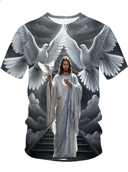 Jesus Christ With Doves And Heavenly Stairs Religious Christian T-Shirt For Men Full Print Design Faith Inspired Apparel, Plus Size