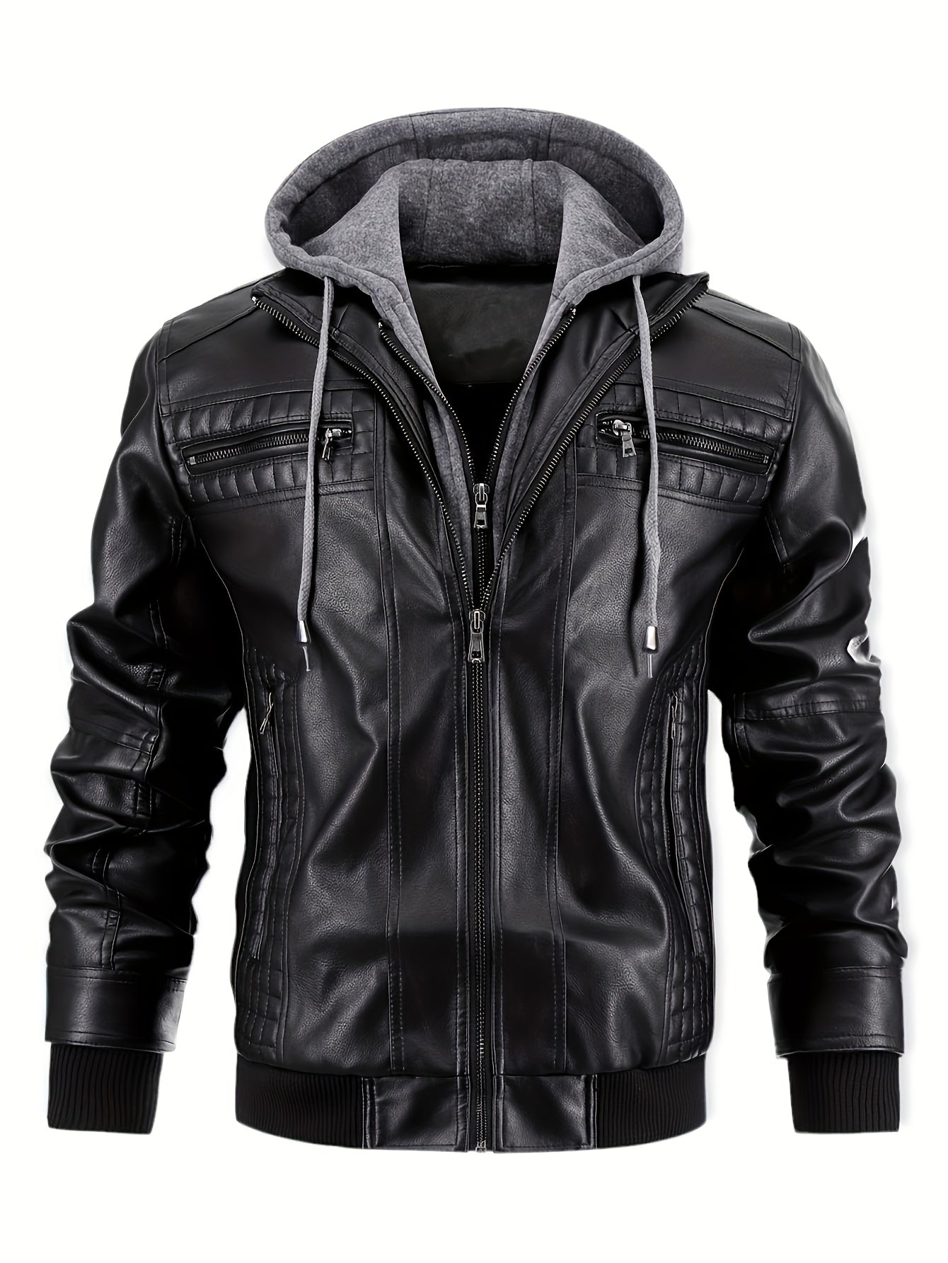 Men's Casual Stand Collar PU PU Leather Zip-Up Motorcycle Bomber Jacket with A Removable Hood ( Belt Included)