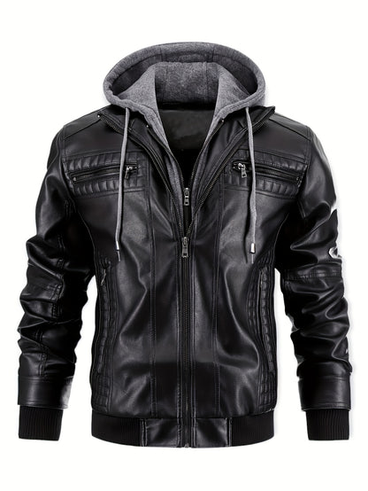 Men's Casual Stand Collar PU PU Leather Zip-Up Motorcycle Bomber Jacket with A Removable Hood ( Belt Included)