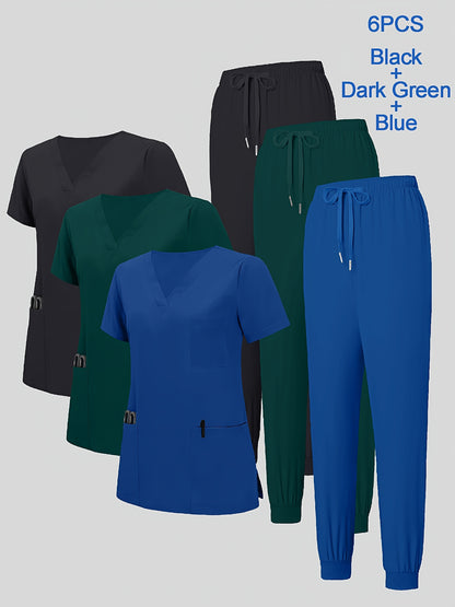 6pcs Set of Women'S V-Neck Matte Breathable Uniform Pocket Hand Washing Work Clothes Brush Hand Clothes Tying Feet Pants Set