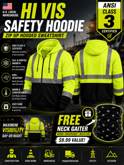 Hi Vis Heavyweight Hoodie ANSI Class 3 Type R Reflective Zip-Up Safety Sweatshirt for Construction with FREE Neck Gaiter
