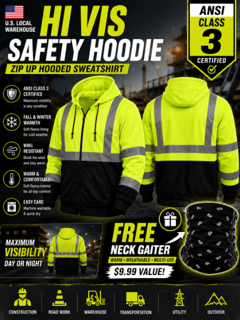 Hi Vis Heavyweight Hoodie ANSI Class 3 Type R Reflective Zip-Up Safety Sweatshirt for Construction with FREE Neck Gaiter