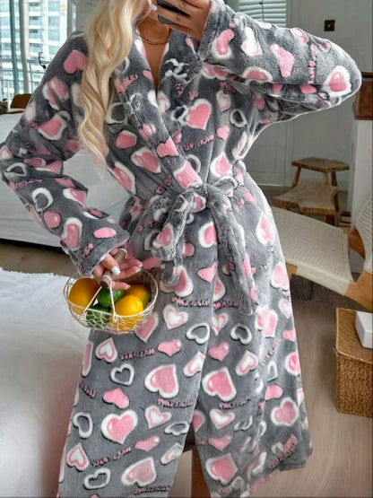 Autumn And Winter Flannel Pajamas Women's Reversible Thickened Women's Belted Dressing Gowns Loose Warm And Comfortable Home Clothes