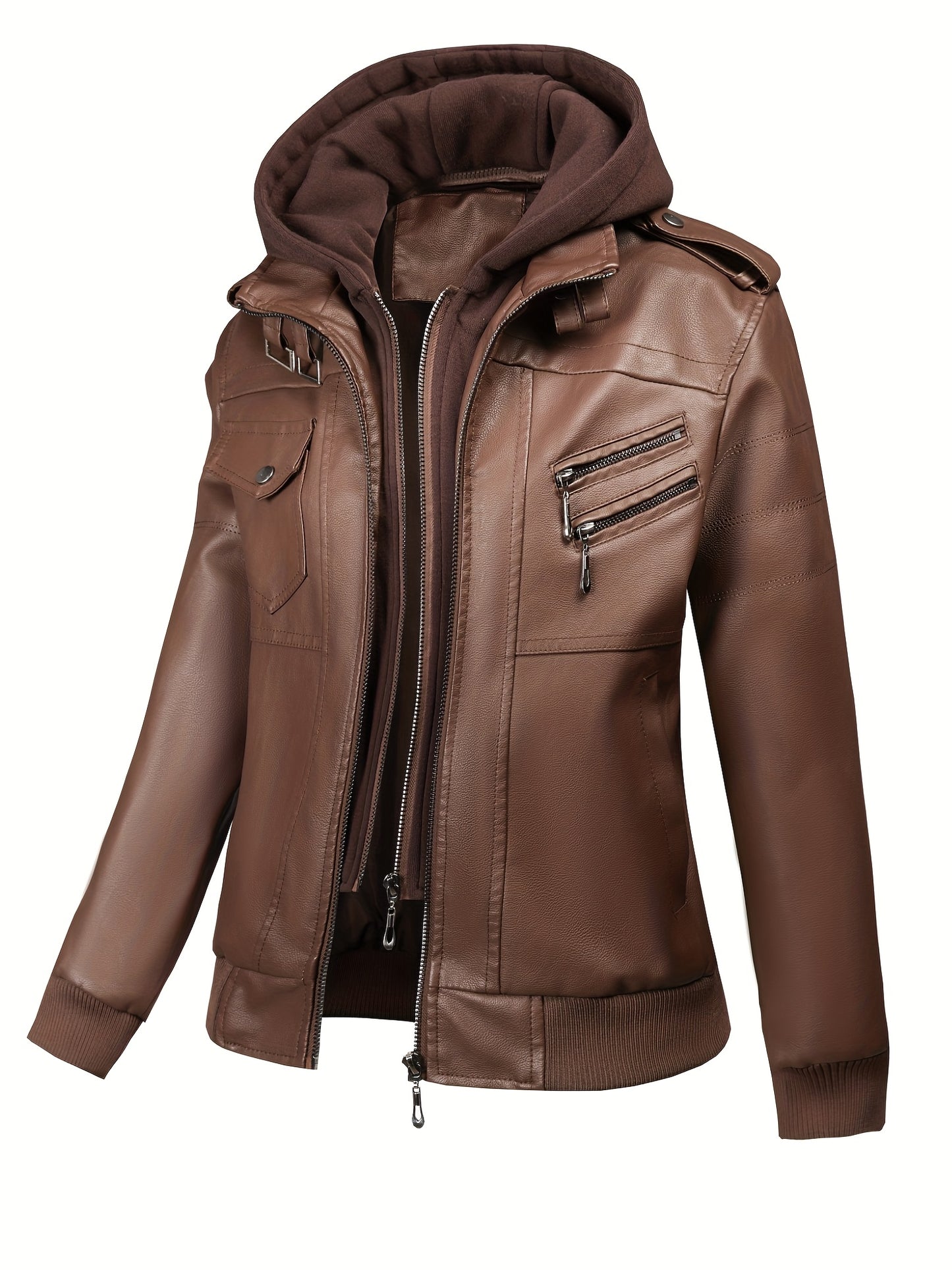 Women'S Faux Leather Jacket Hooded Autumn And Winter Faux Leather Jacket Women'S Faux Leather Jacket