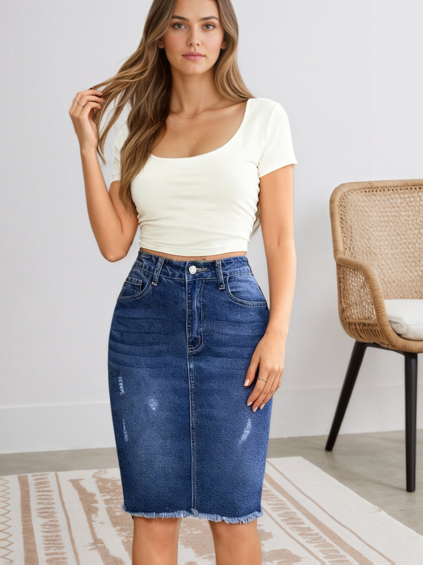 Women's Stretch Slim Fit Denim Skirt with Distressed Hem and Frayed Design, Mid-Waist, Elegant and Comfortable, Classic Hole Design