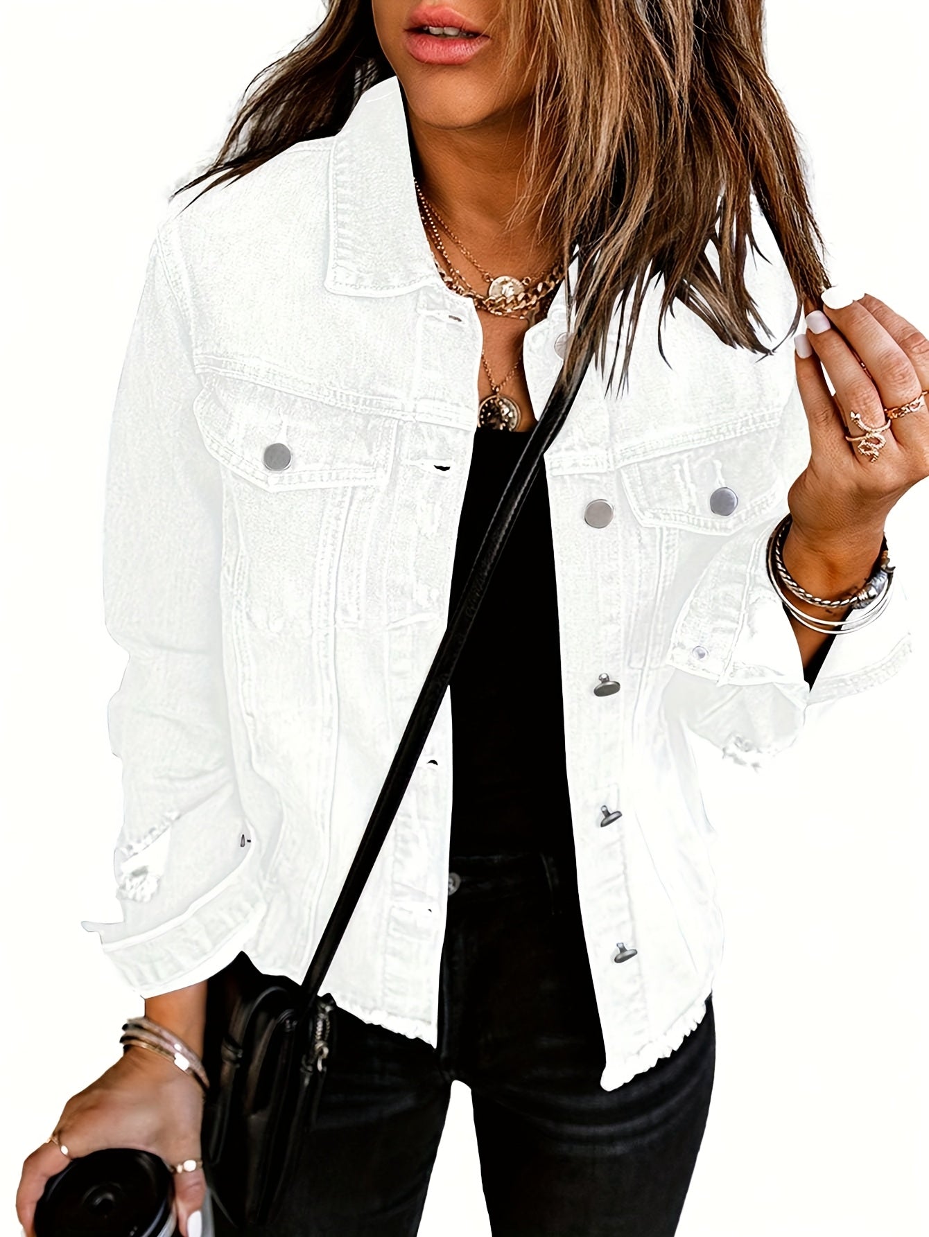Women's Ripped Washed Button-Up Denim Jacket Coat with Pockets, Casual Classic Distressed Denim Outerwear TZ001